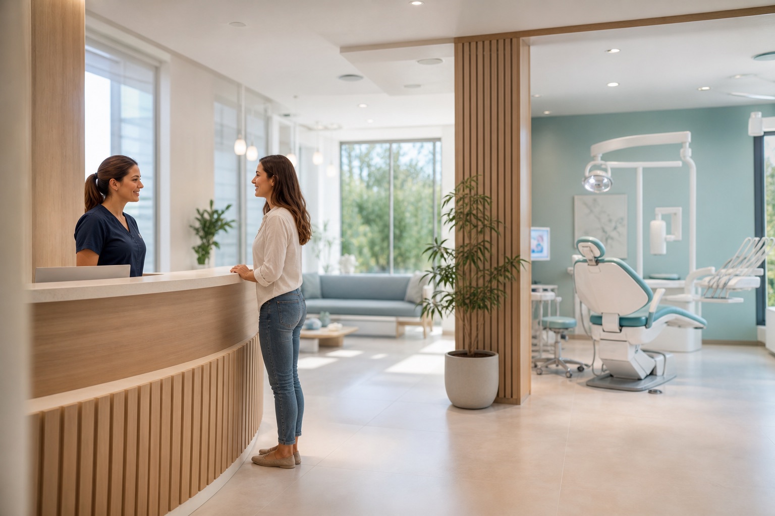 Bright, modern Smile Crafters dental reception and treatment room with natural light