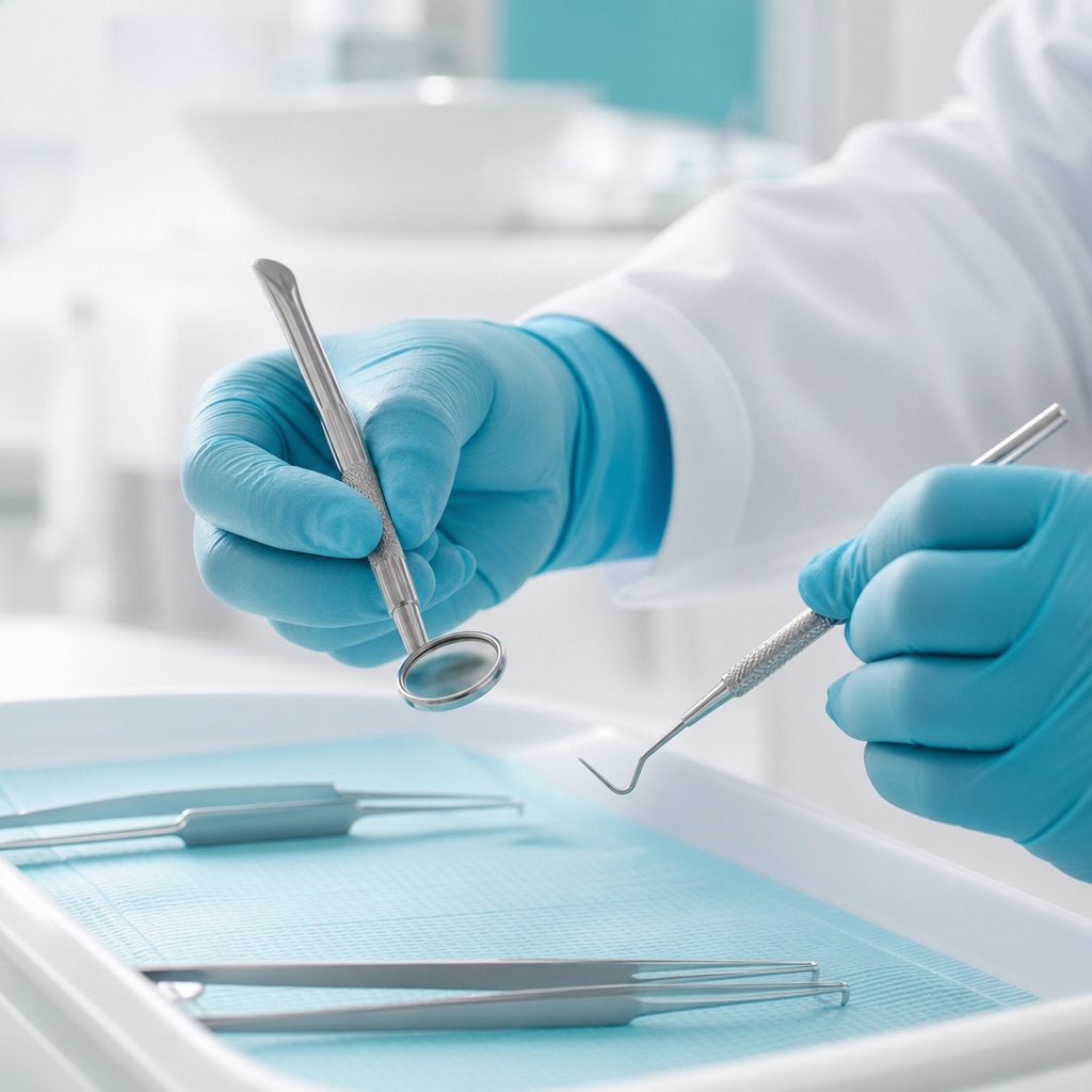 Gloved dentist hands holding sterilized dental instruments over a clean tray
