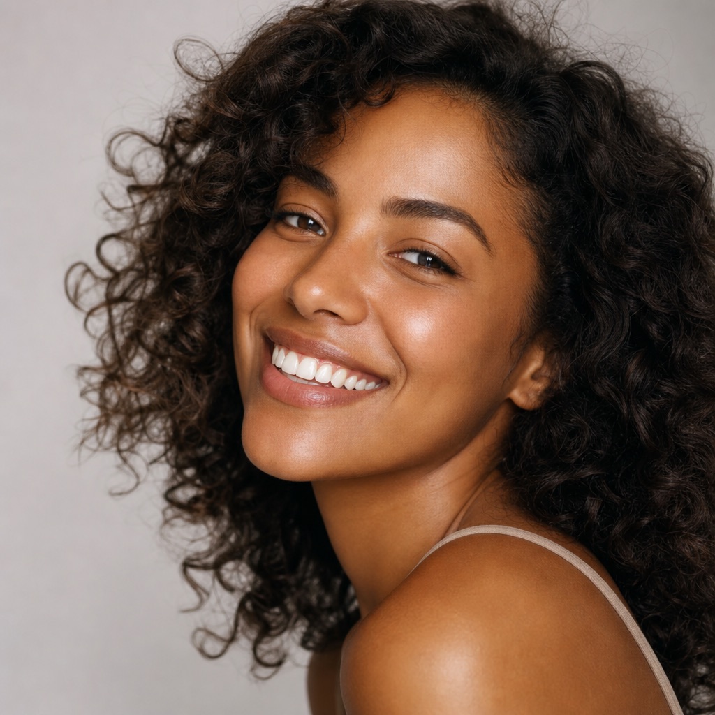Person smiling with healthy, natural-looking white teeth
